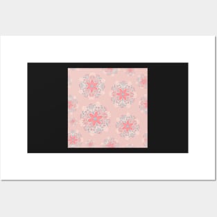 Pink and Blue Blossom Folk Art Repeat Pattern Posters and Art